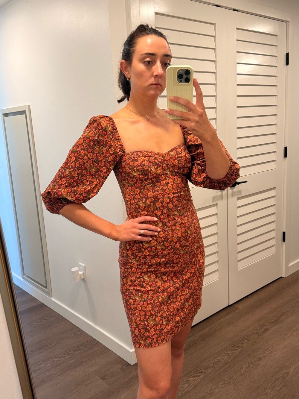 FARM Rio Rust Floral Square-Neck Puff Sleeve Mini Dress